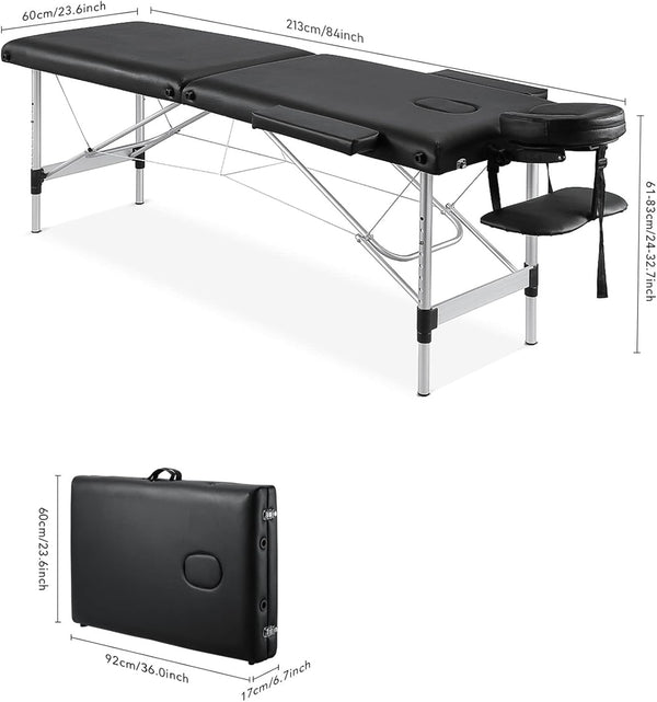 Massageliege Mobile Massagetisch Tragebares Massagebett 2 Zonen höhenverstellbar Holzfüßen 213 × 60 x 83 cm bis 225 kg Belastbar inkl. Kopfstütze & Armlehnen